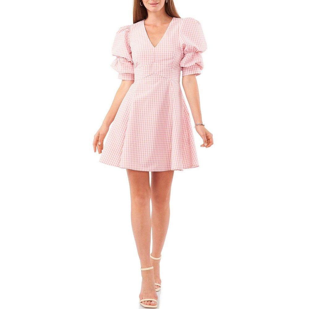 1.State Pink Gingham Puffed Sleeve Satin Mini Dress Sz S NWT